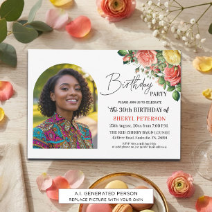 Elegant Floral with Photo 30th Birthday Party Invitation