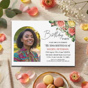 Elegant Floral with Photo 30th Birthday Party  Invitation