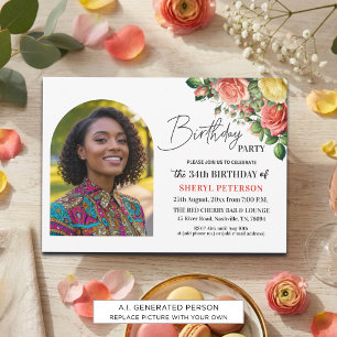 Elegant Floral with Photo 34th Birthday Party Invitation