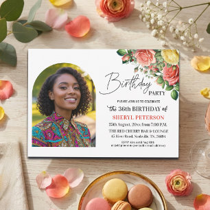 Elegant Floral with Photo 36th Birthday Party  Invitation