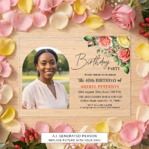 Elegant Floral with Photo 40th Birthday Party Acrylic Invitations