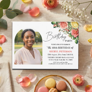 Elegant Floral with Photo 40th Birthday Party Invitation