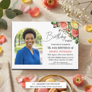 Elegant Floral with Photo 44th Birthday Party Invitation