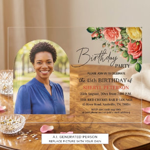 Elegant Floral with Photo 45th Birthday Party Acrylic Invitations