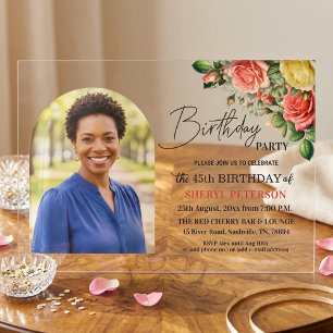 Elegant Floral with Photo 45th Birthday Party  Acrylic Invitations