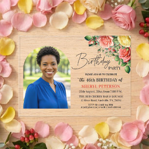 Elegant Floral with Photo 46th Birthday Party  Acrylic Invitations