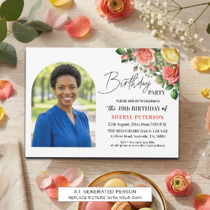 Elegant Floral with Photo 49th Birthday Party Invitation