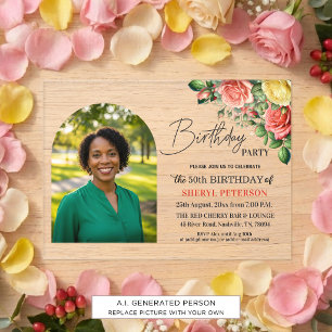 Elegant Floral with Photo 50th Birthday Party Acrylic Invitations