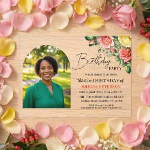 Elegant Floral with Photo 52nd Birthday Party Acrylic Invitations