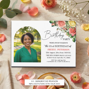 Elegant Floral with Photo 52nd Birthday Party Invitation
