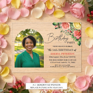 Elegant Floral with Photo 54th Birthday Party  Acrylic Invitations