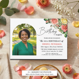 Elegant Floral with Photo 54th Birthday Party  Invitation