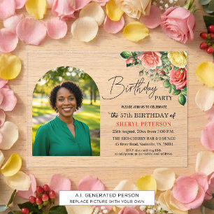 Elegant Floral with Photo 57th Birthday Party Acrylic Invitations