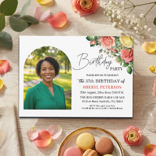Elegant Floral with Photo 57th Birthday Party  Invitation