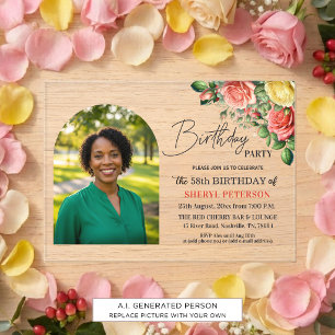 Elegant Floral with Photo 58th Birthday Party Acrylic Invitations