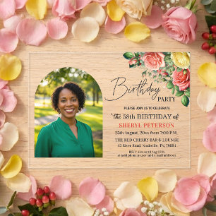 Elegant Floral with Photo 58th Birthday Party Acrylic Invitations