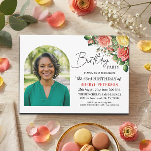 Elegant Floral with Photo 63rd Birthday Party  Invitation