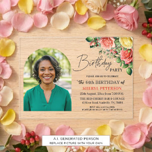Elegant Floral with Photo 64th Birthday Party Acrylic Invitations