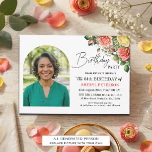 Elegant Floral with Photo 64th Birthday Party Invitation