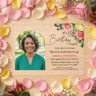 Elegant Floral with Photo 67th Birthday Party Acrylic Invitations