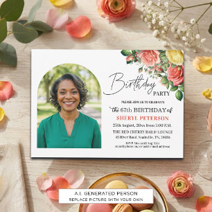Elegant Floral with Photo 67th Birthday Party  Invitation