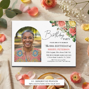 Elegant Floral with Photo 68th Birthday Party Invitation