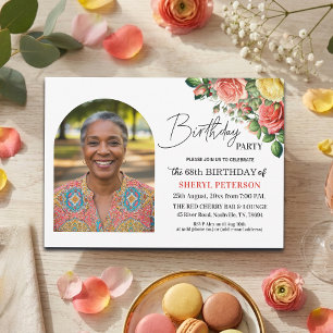 Elegant Floral with Photo 68th Birthday Party Invitation