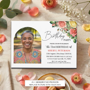 Elegant Floral with Photo 73rd Birthday Party Invitation
