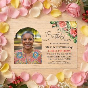 Elegant Floral with Photo 75th Birthday Party  Acrylic Invitations