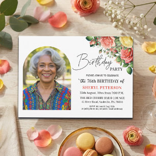 Elegant Floral with Photo 76th Birthday Party Invitation