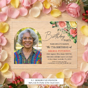 Elegant Floral with Photo 77th Birthday Party Acrylic Invitations