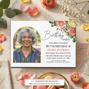 Elegant Floral with Photo 77th Birthday Party Invitation