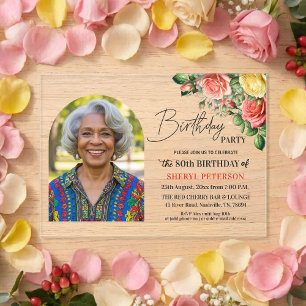 Elegant Floral with Photo 80th Birthday Party  Acrylic Invitations