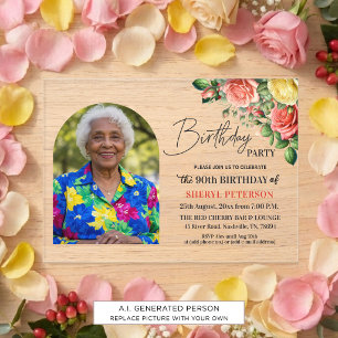 Elegant Floral with Photo 90th Birthday Party Acrylic Invitations