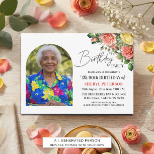 Elegant Floral with Photo 90th Birthday Party Invitation