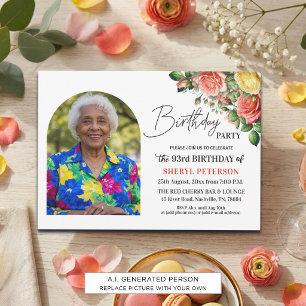 Elegant Floral with Photo 93rd Birthday Party  Invitation
