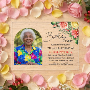 Elegant Floral with Photo 94th Birthday Party  Acrylic Invitations