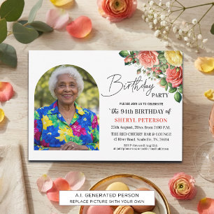 Elegant Floral with Photo 94th Birthday Party  Invitation