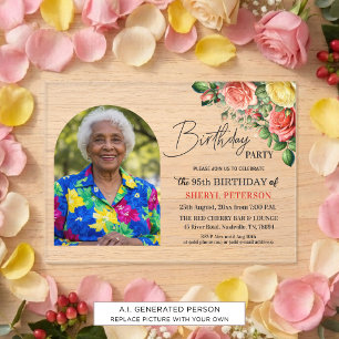 Elegant Floral with Photo 95th Birthday Party Acrylic Invitations