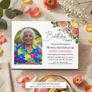 Elegant Floral with Photo 95th Birthday Party Invitation