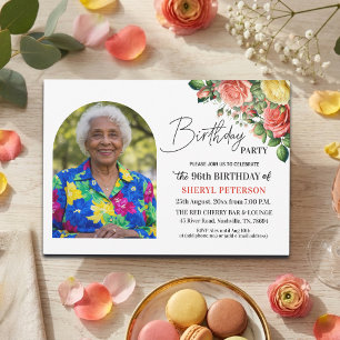 Elegant Floral with Photo 96th Birthday Party Invitation