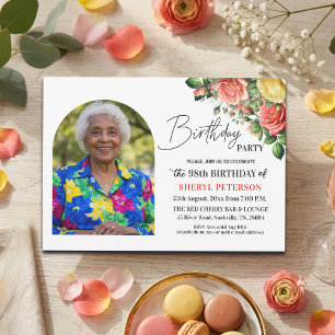 Elegant Floral with Photo 98th Birthday Party  Invitation