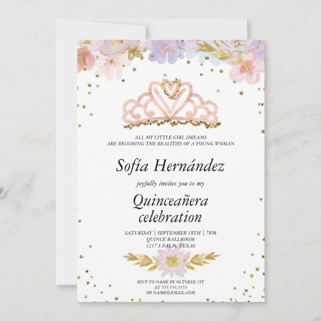 Elegant Floral with Tiara Quinceañera Invitation (Front)