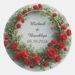 Elegant Floral Wreath Adorned with Red Roses Classic Round Sticker