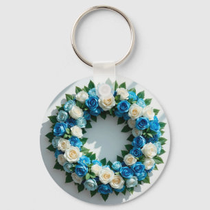 Elegant Floral Wreath Blue and White Roses Keychain