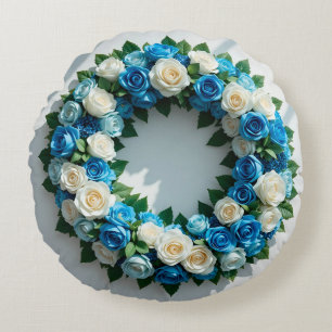Elegant Floral Wreath Blue and White Roses Round Pillow