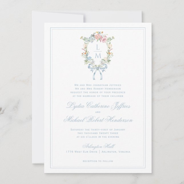 Elegant Floral Wreath Crest | Monogram Wedding Invitation (Front)