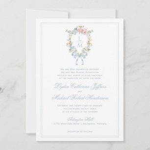 Elegant Floral Wreath Crest   Monogram Wedding Invitation
