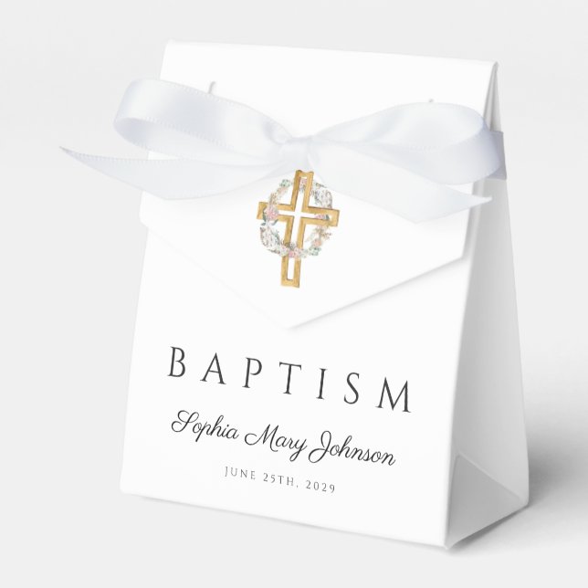 Elegant Floral Wreath Cross Baptism Favor Box (Front Side)