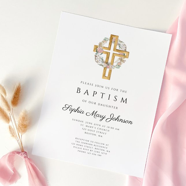 Elegant Floral Wreath Cross Baptism Invitation (Elegant Floral Wreath Cross Baptism Invitation)